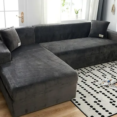 Produktbild von Sofabezug Ecksofa L-Form Stretch-Plüschsofabezug Universal-Couchbezug für 1/2/3/4-Sitzer - 3-Sitzer, Dunkelgrau (L-förmiges Ecksofa benötigt zwei Bezüge)