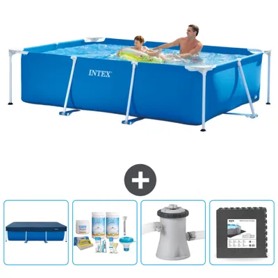 Produktbild von Intex-Schwimmbecken mit rechteckigem Rahmen – 260 x 160 x 65 cm – Blau – im Lieferumfang enthalten Abdeckung - Wartungspaket - Filterpumpe für Schwimmbad - Bodenfliesen