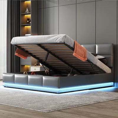 Obrázok produktu pre Flieks Čalúnená posteľ s LED, hydraulická posteľ Boxspring 160x200cm s lamelovým rámom, úložný priestor, manželská posteľ Drevená posteľ z umelej kože