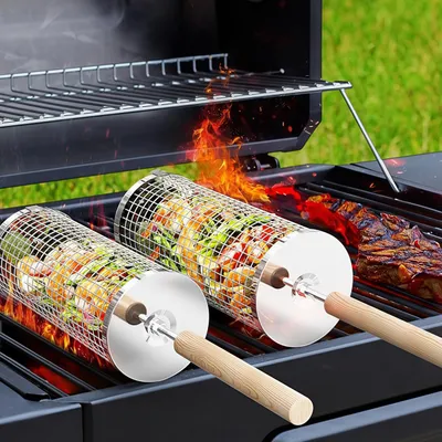Produktbild von Nestbar Rollender Grillkorb,Abnehmbarer Wärmedämmung Holzgriff,Edelstahl 304,24x10cm,für Gasgrill,Elektro und Holzkohle Grill,für Camping,Gril,Outdoor
