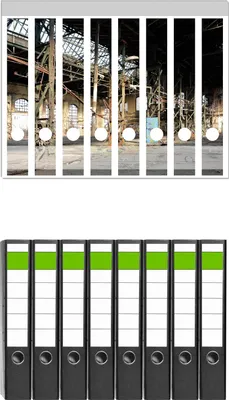 Produktbild von Wallario 8 Stück schmale Ordner inkl. Klebeetiketten mit Motive Verlassene Industriehalle - Alte Fabrik -  Set mit Rückenschildern / Ordnerrücken Stickern
