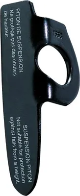 Schwarzer Klemmkeil von Petzl mit der Aufschrift 'PITON DE SUSPENSION' und Warnhinweisen zur Nutzung.