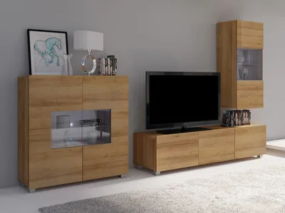 Produktbild von Wohnzimmer-Set CALABRINI-7 Wohnwand Hängewohnwand Schrankwand mit LED-Beleuchtung TV-Schrank Vitrine Kommode Moderne Anbauwand (Goldene Eiche)