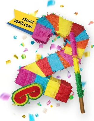 Produktbild von Pinata Zahl 2 Set mit Stab und Augenmaske für Kinder-Geburtstag Schlag-Spiel 50 x 35 x 8cm Dekoration Geburtstagsdeko