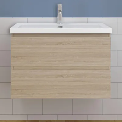 Produktbild von Waschtisch mit Unterschrank 80cm Alast Badmöbel Set Eiche Rechteckiges Waschbecken mit Unterschrank MDF Softclose