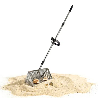 Zdjęcie produktu dla Relaxdays – grabie do piasku, kosz o średnicy 40 cm, trzonek o długości 140 cm, wykrywacz metalu do poszukiwania skarbów i wędkowania, grabie plażowe, stal nierdzewna, kolor srebrny
