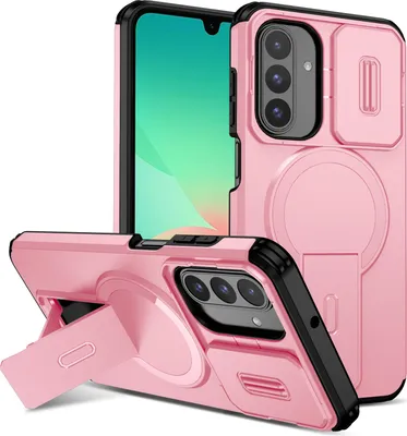 Image de Etui magnétique pour Samsung Galaxy A26/A17 5G/4G, étui durable double couche avec protection coulissante de l'appareil photo et support ajustable Rose