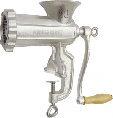 A silver meat grinder with a wooden handle is shown against a white background.