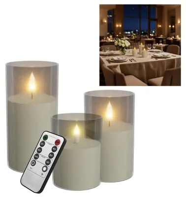 Productafbeelding van VA-Cerulean LED-kaarsen, set van 3, transparant – flikkerend, met afstandsbediening en timer, Ø 7,5 cm, geschikt voor tafel, plank en in huis