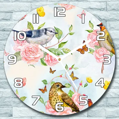 Produktbild von Wanduhr aus Glas Rund fi 30 Vögel und Rosa Rosen Quarz Deko Wohnzimmer Büro
