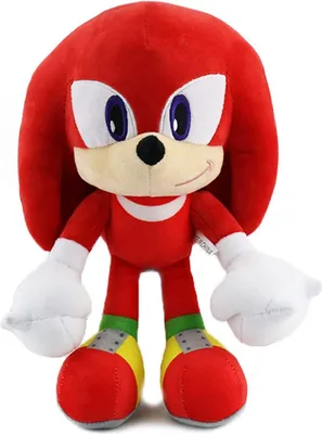 A plush toy of the character Knuckles the Echidna from the Sonic the Hedgehog franchise, standing against a white background.