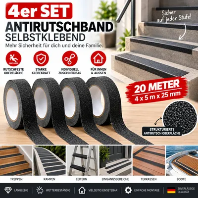 Produktbild von 4er Set Antirutschband selbstklebend 20 m x 25 mm – Rutschfestes Sicherheitsband Schwarz für Treppen, Stufen, Rampen & Außenbereich, KI-generiertes Bild