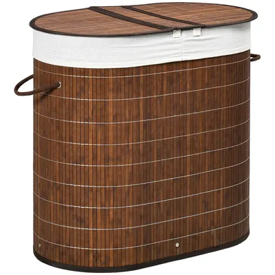 Image de Panier à linge 100 L avec couvercle et poignée, bac à linge, collecteur de linge, 2 sacs à linge, trieur de linge pour salle de bain en bambou, 62,50 cm, 37,00 cm, 60,50 cm