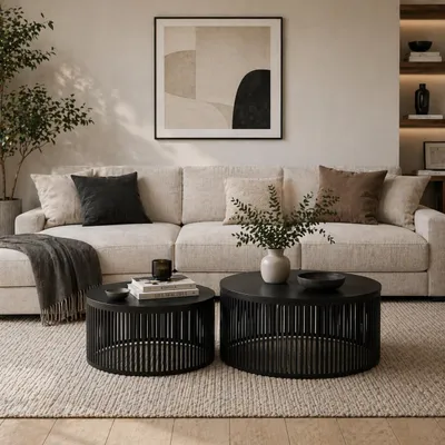Produktbild von Couchtisch Set 2-teilig rund, moderne Wohnzimmertische mit stabiler Metallring -Struktur, wasserabweisend & pflegeleicht