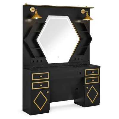 Produktbild von Schminktisch mit 4 Schubladen, mit Spiegel, Bedienungsplatz mit 6 Ablagen & 2 Schränken, Spiegelschrank mit Beleuchtung, J3158 (Schwarz-Gold)