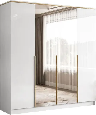 Produktbild von Drehtürenschrank mit Spiegel AURORA 4D mit Gold Chrom Griffe - Hochglanz Weiß