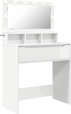 A white vanity table with a mirror and lights.