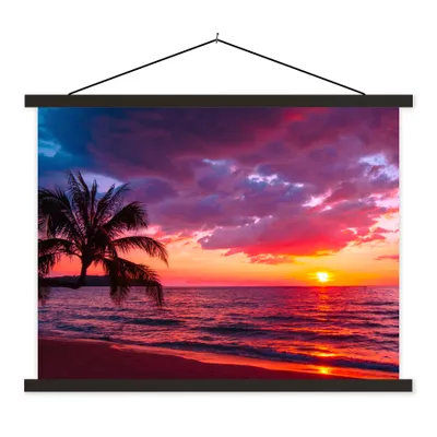 Produktbild von MuchoWow® Textilposter Sonne - Horizont - Rosa - Palme - Meer 150x113 cm mit schwarzem Rahmen - Wohnzimmer
