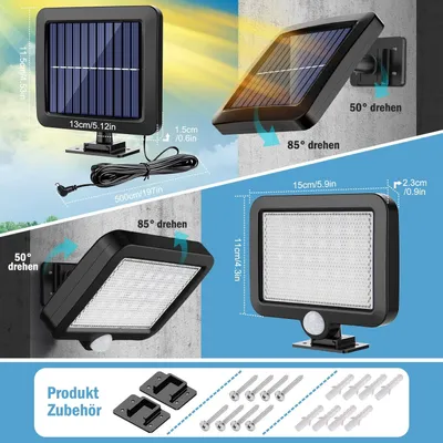Collage of solar lights and their accessories, showing dimensions and angles.