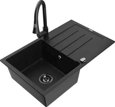 Produktbild von Mexen Bruno 1 Becken-Granitspüle mit Abtropffläche und Mischbatterie Elia, Schwarz - 6513-77-670101-70-B
