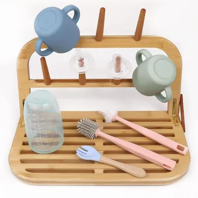 Produktbild von Bambus Flaschenständer faltbar, Trockenständer für Babyflaschen & Becher, platzsparend, Halter für Schnuller, Pumpe & Zubehör, Küchenorganisation