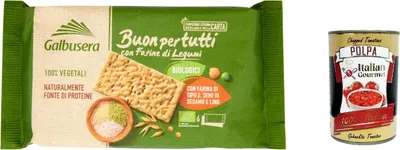 Produktbild von 6x Galbusera Buonpertutti Cracker mit biologischem Hülsenfrüchten Mehl mit Typ 2 Mehl, Sesamsamen und Leinen 240g + Italian Gourmet polpa 400g