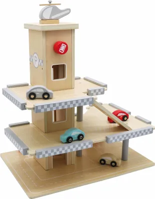 Produktbild von Holz-Autogarage mit Aufzug und Tankstelle – 3-stöckiges Lernspielzeug für Motorsport-Fans