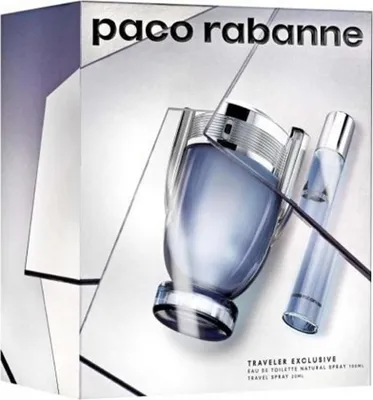 A gift set of Paco Rabanne Invictus fragrances, featuring a large bottle and a travel spray, presented on a geometric, silver and white background.