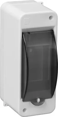 A white electrical distribution box with a dark transparent cover.