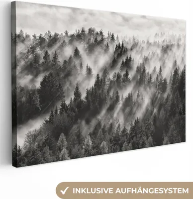 Produktbild von OneMillionCanvasses® - Leinwandbilder - 150x100 cm, Landschaft - Nebel - Wald - Natur, Wandbilder Kunstdruck Wanddekoration - Foto auf Leinwand - Gemälde auf Holzrahmen
