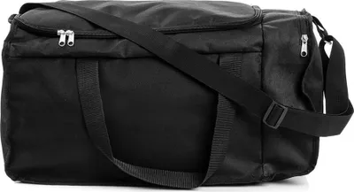 A black duffel bag with a shoulder strap and handles, shown against a white background.