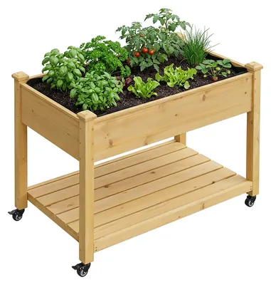 Immagine prodotto di Relaxdays: fioriera rialzata, rotelle, ripiano, A x L x P: 84 x 105 x 56,5 cm, giardino, balcone e terrazza, tavolo da giardinaggio, legno di abete, naturale
