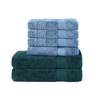 Produktbild von Komfortec 6er Handtuch Set aus 100% Baumwolle, 2er Badetücher 70x140 cm und 4er Handtücher 50x100 cm , Frottee, Weich, Petrol/Hellblau