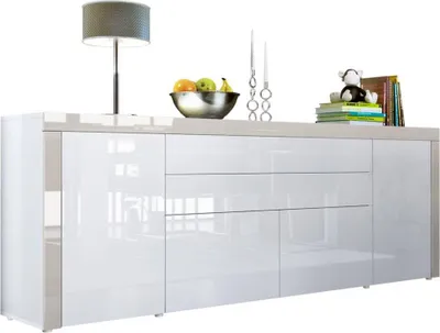 Produktbild von Vladon Sideboard La Paz V2, Germany, Kommode mit 2 Türen, 2 Schubkästen und 2 Klappen, Weiß Hochglanz/Weiß Hochglanz/Sandgrau Hochglanz (200 x 72 x 35 cm)