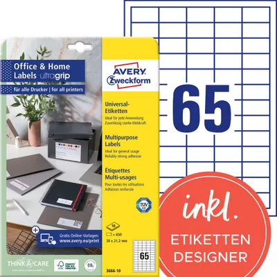 Produktbild von Avery Zweckform 3666-10 Etiketten, Home Office, Kleinpackung, A4 mit ultragrip,  Adressaufkleber 38 x 21,2 mm, weiß