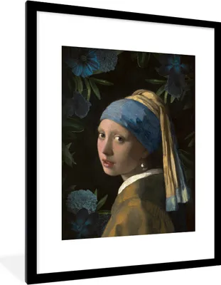 Produktbild von MuchoWow® Gerahmtes Poster Mädchen mit Perlenohrring - Vermeer - Blumen - Blau 60x80 cm - Poster mit Schwarzem Bilderrahmen Wandposter Rahmen Foto Bilder - Wohnzimmer - Dekorationen - Prämie