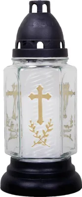 Produktbild von Grableuchte aus Glas (24 cm) mit Kreuz inklusiv Kerze, Design Buena weiß