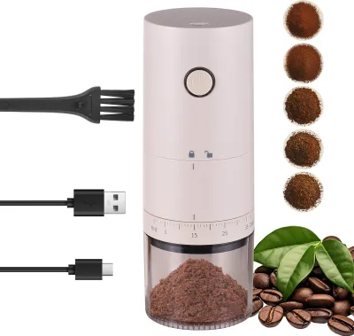 Obrázek produktu pro Přenosný mlýnek na zrnkovou kávu s 38 nastaveními mletí Světelná kontrolka 5 čepelí Keramický kónický mlýnek na kávu s jedním tlačítkem Start a Auto Stop Ruční elektrický mlýnek na espresso s dobíjecí baterií 120ml průhledný odnímatelný zásobník na prášek