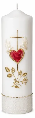 Produktbild von Hochzeitskerze Stumpenkerze mit Herz, Tauben & Kreuz mit Namen & Datum, KI-generiertes Bild