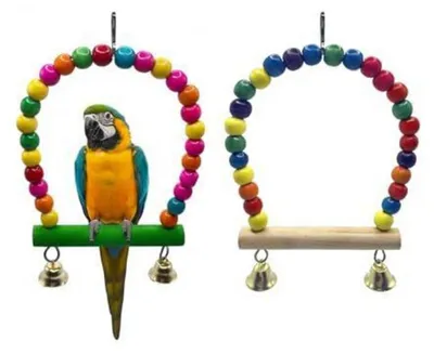 Produktbild von Vogelspielzeug 2er Set Hängende Schaukeln und Spielplatz für Wellensittiche und Nymphensittiche, buntes Naturholz mit Glöckchen