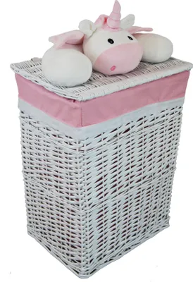 A white wicker laundry basket with a pink fabric liner and a plush unicorn toy on top.