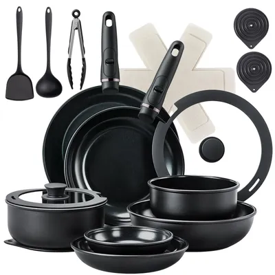 Produktbild von 23-teiliges Kochgeschirr-Set mit Keramikbeschichtung, bestehend aus Bratpfannen (20/22/26/30 cm), Woks (26 cm) und Töpfen (18/20 cm)