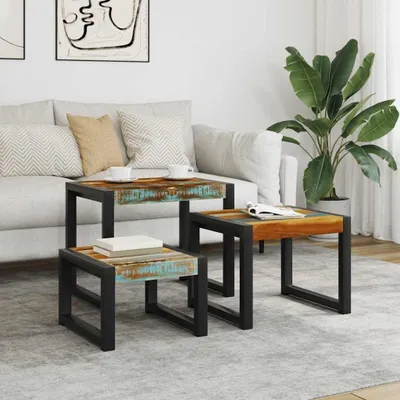 Image de Ensemble de 3 tables d'appoint en bois recyclé et métal, de style industriel
