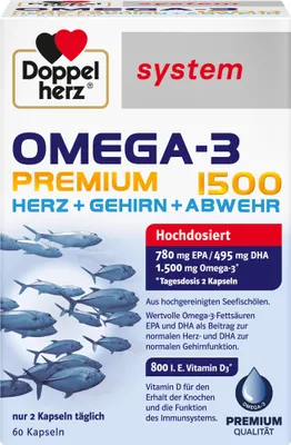 Zdjęcie produktu dla Double Heart System Omega-3 Premium 1500 kapsułek Serce + Mózg + Obrona, 60 kapsułek