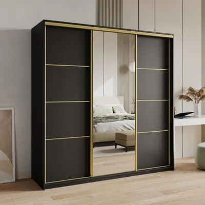 Produktbild von Masseno Schiebetürenschrank VARO 180/205/60 cm Kleiderschrank mit 4 Schubladen Schlafzimmer Schrank 3-türig mit Spiegel Schwarz