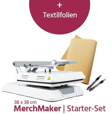 Produktbild von Plottermarie Transferpresse MerchMaker 38x38 Starter Set inkl. Textilfolien & Zubehör – Transferpresse, T-Shirts, Flexfolie, Flockfolie, DTF
