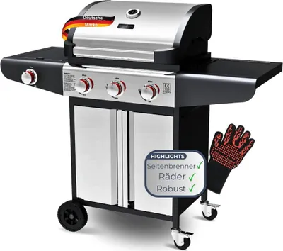 Produktbild von Gasgrill 3+1 Brenner mit Deckel DELO [Inkl. Handschuhe] Grillwagen mit Seitenbrenner Campinggrill mit Seitenablage & Thermometer