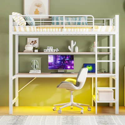 Immagine prodotto di Letto a soppalco Sweiko 90x200 cm, con usb e presa di corrente, luce ambiente telecomandata, scrivania, senza materasso, metallo, bianco