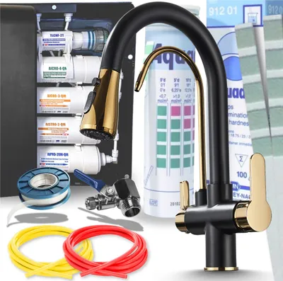 Produktbild von Ari Nordic 3-Wege Küchenarmatur Schwarz Gold Ausziehbar mit 5-Stufen Wasserfiltersystem Untertisch Trinkwasserfilter