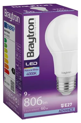Productafbeelding van Braytron LED E27 lamp, 9W, A60, 4000K (neutraal wit), lampvorm, 806 lumen